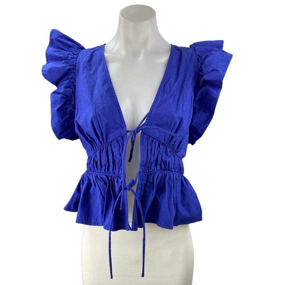 Aqua Women's Blue Ruffle Sleeve V Neck Tie Knot Ruched Peplum Blouse Top Size S